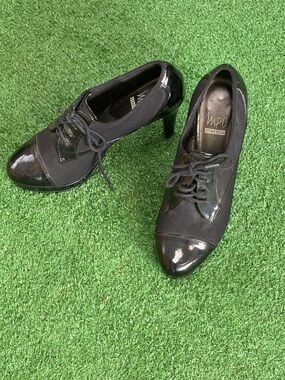 Black Lace-Up Patent Cap-Toe Heels